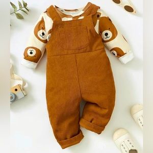 Boys Girls Brown Bear Overall Outfit Set